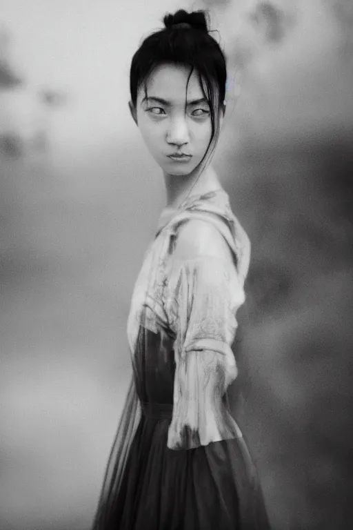 Prompt: a stunning intricate portrait of a oriental girl, black and white, epic character composition, by alessio albi, nina masic, soft focus, vertical portrait, natural lighting, f 2, 5 0 mm, classic chrome, film grain, cinematic lighting