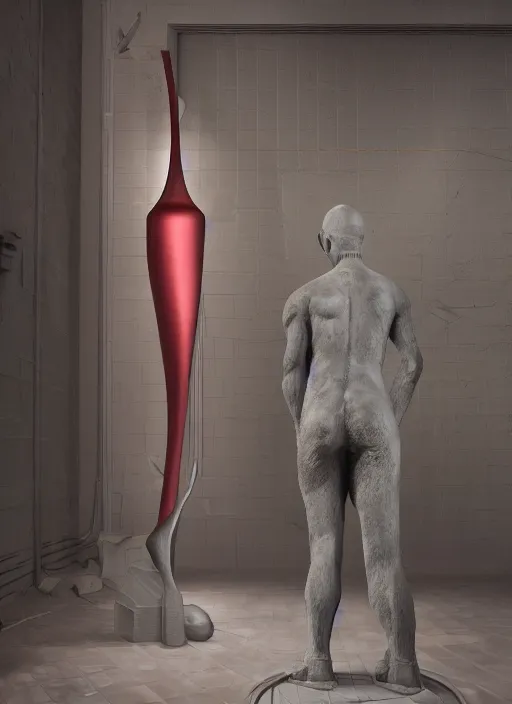 Image similar to a sculpture of a man standing next to a tall vase, a raytraced image by Hikari Shimoda, polycount, video art, vray tracing, ray tracing, rendered in unreal engine