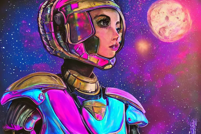 Image similar to digital art of a beautiful princess wearing suit of armor looking up at the stars, acrylic art, universe, painting, pastel colors, synthwave, retro, cyberpunk,