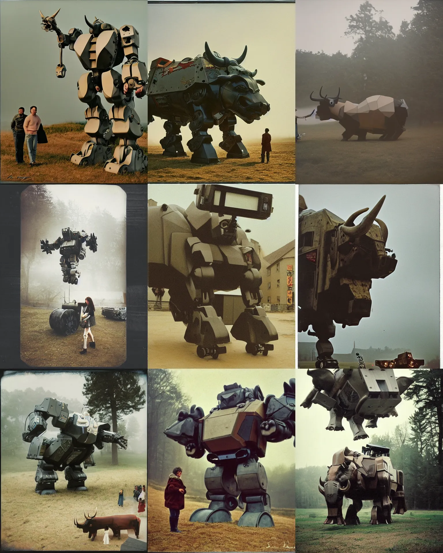 Prompt: giant oversized bull animal battle robot chubby mech as giant oversized bull with oversized horns on a village, Cinematic focus, Polaroid photo, vintage, neutral colors, soft lights, foggy, by Steve Hanks, by Serov Valentin, by lisa yuskavage, by Andrei Tarkovsky