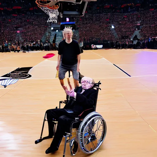 Prompt: photograph of stephen hawking in a wheelchair flying in the air dunking, highlights of the 2 0 1 9 nba slam dunking contest