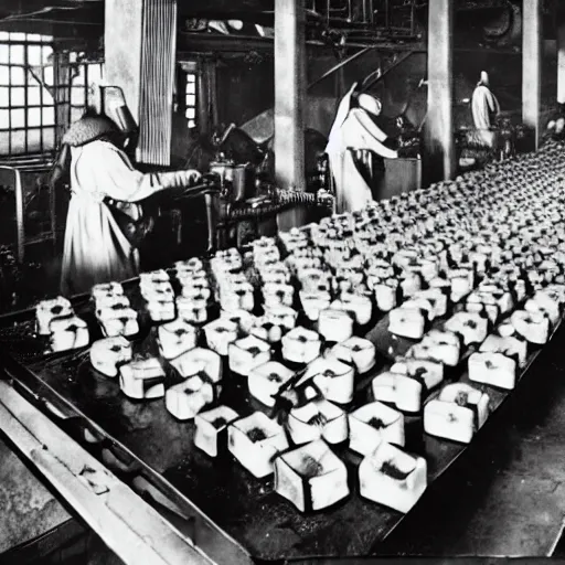 Prompt: gelatinous cubes being processed into magic items with the juice made from their bodies, d & d, industrial assembly line photo from a medieval factory