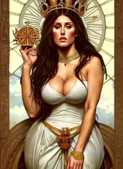 Image similar to lucy pinder as queen, incredibly detailed face, light half opened dress, true anatomy, symmetry, true anatomy, art by artgerm and greg rutkowski and alphonse mucha