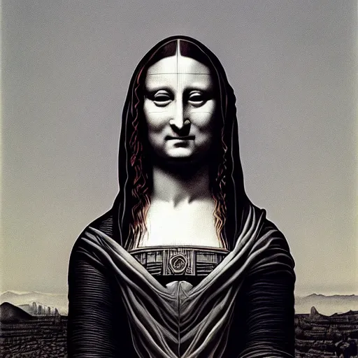 Image similar to monalisa by zdzisław beksiński, jeffrey smith and h.r. giger, oil on canvas, XF IQ4, f/1.4, ISO 200, 1/160s, 8K, RAW, unedited, symmetrical balance, in-frame