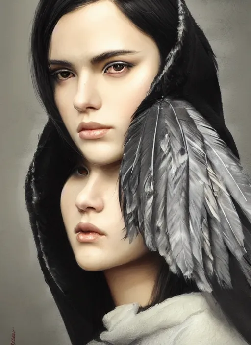 Image similar to a teenage girl with very short black hair and a huge cloak made of grey and black feathers. beautiful highly detailed face. beautiful painting by artgerm and greg rutkowski and raymond swanland, detailed portrait, closeup