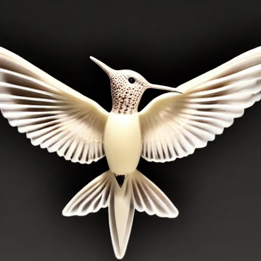 Prompt: intricate hummingbird carved from ivory, bioluminescent, photograph, studio lighting