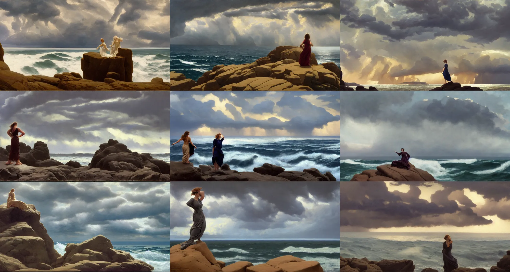 Prompt: dramatic light, thunder clouds in the sky, stormy sea by frederick judd waugh, simple form, brutal shapes stormy sky, extremely strong wind, cumulonimbus, woman in dress figure standing on the stones, realism, view from above on seascape, matte painting, long range focus 200 mm, cinematic view, artwork by ed mell christopher blossom and frederick judd waugh and franklin carmichael and Russ Kramer and ivan aivazovsky and isaac levitan