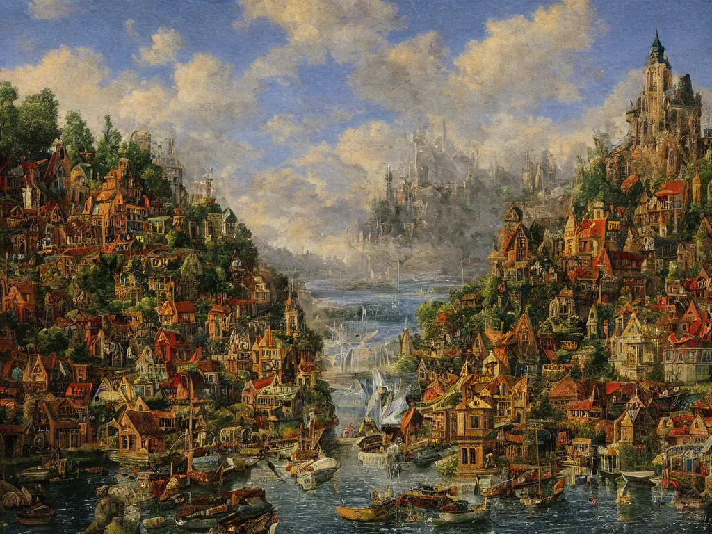 Image similar to an old small enchanted fantasy town, viewed from the harbor, by jean - baptist monge,