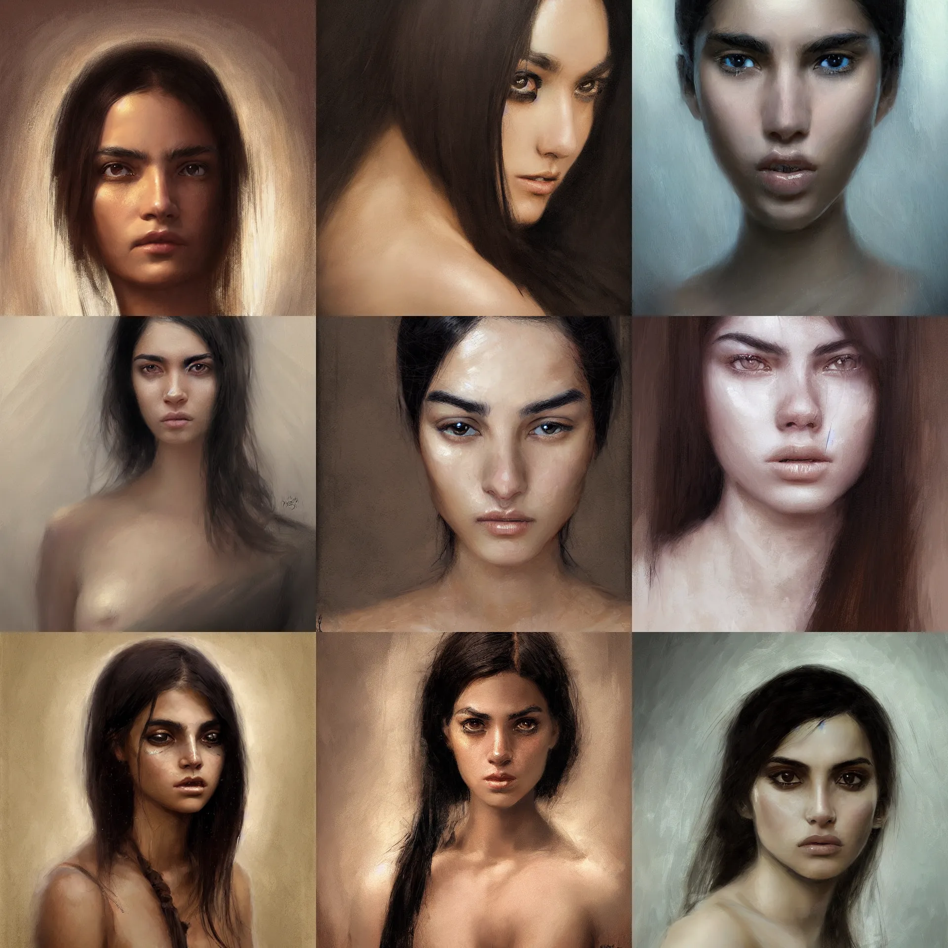 Prompt: digital art portrait painting of a white skin young latino woman, long free black straight hair, thick eyebrows, very small eyes, small straight nose, strong defined jaw, brown eyes, painted by craig mullins and gaston bussiere and greg rutkowski, symmetrical facial features, symmetrical face, defined facial features, beautiful face, dramatic lighting