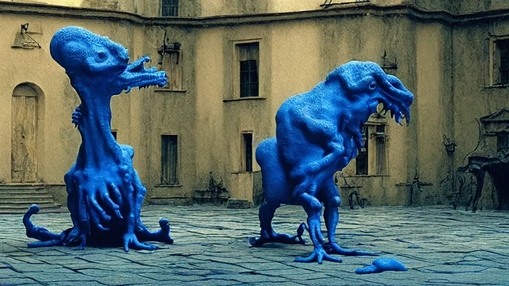 Image similar to the square creature in courtyard, made of blue liquid, surrounded by animals, film still from the movie directed by denis villeneuve and david cronenberg with art direction by salvador dali and zdzisław beksinski, wide lens