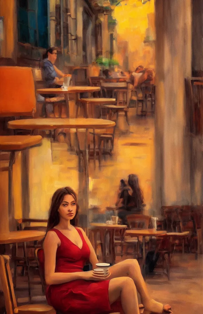 Prompt: a portrait of a beautiful girl sitting in a cafe, cuban setting, warm colors, soft lighting, atmospheric, cinematic, moody, in the style of diego koi, gina heyer, luiz escanuela, art by alyssa monk, hyperrealism, rule of thirds, oil on canvas, 8 k