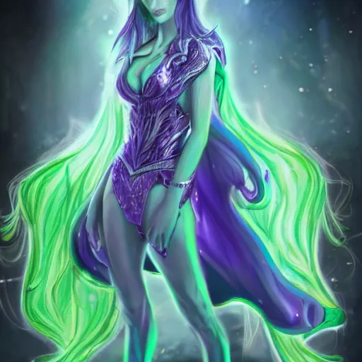 Prompt: tyrande whisperwind as a superhero in a dystopian city