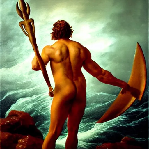 Prompt: poseidon standing at center frame back turned to the camera, holding a trident, with his back turned to the camera, a storm ahead, high res, oil painting, realistic, water, greek god, epic composition, masterpiece, award winning, low exposure