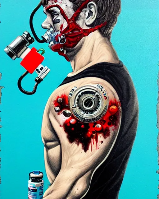 Image similar to diver man wearing oxygen mask, has blood, rose, a pistol and a syringe needle with sea background intricate details with horror side profile by Sandra Chevrier