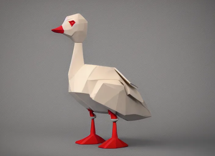 Prompt: Low-poly clay render of a cute robotic Goose saying hi with its wing; trending on artstation, Octane render, Unreal Engine, highly detailed