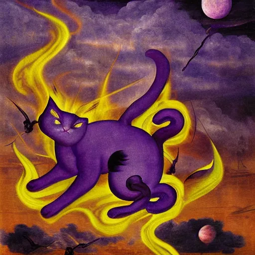 Image similar to bosch painting apocalyptic of a flying cat god in purple flames