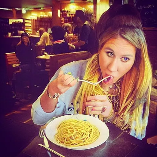 Prompt: “Kesha eating spaghetti in a Starbucks”