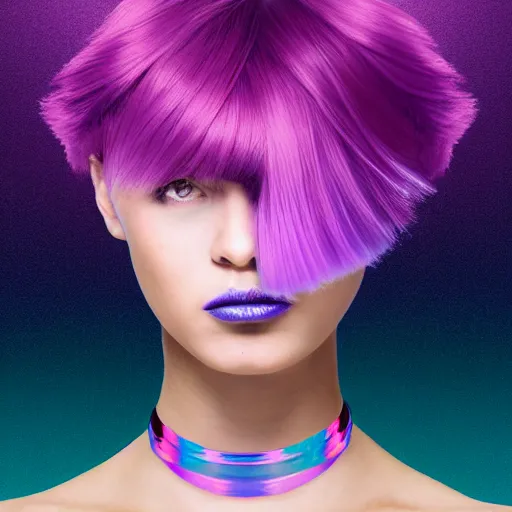 Image similar to a award winning action upper body portrait of a beautiful woman with a ombre purple pink hairstyle with head in motion and hair flying, choker, outrun, vaporware, vivid colors, highly detailed, fine detail, intricate