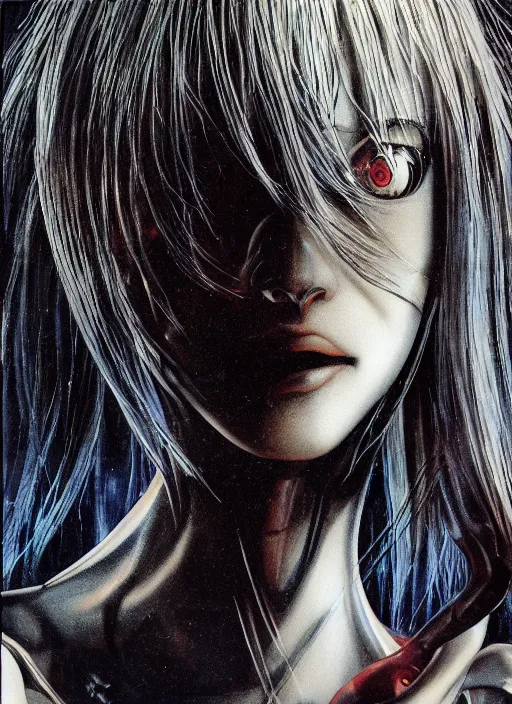 Image similar to Rei Ayanami by Yoshitaka Amano, by HR Giger, 4k, hyper detailed, hyperrealism