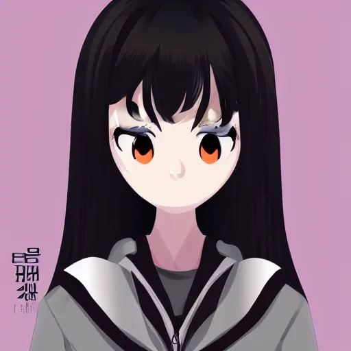 Image similar to portrait of a beautiful korean girl with very long hair and bangs, angular features, angry expression, wearing a black hoodie, in the style of studio trigger, extremely clean lines, anime and manga style, anime concept art