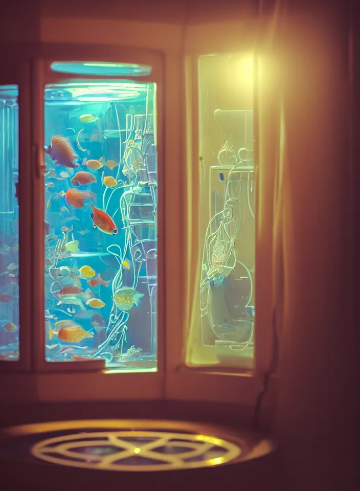 Image similar to telephoto 7 0 mm f / 2. 8 iso 2 0 0 photograph depicting the feeling of chrysalism in a cosy safe cluttered french sci - fi ( art nouveau ) cyberpunk apartment in a pastel dreamstate art cinema style. ( office with ) ( ( fish tank ) ), ambient light.