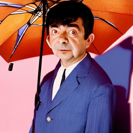 Image similar to rowan atkinson dressed as a traditional korean man posing with an umbrella, cinematic shot, dynamic lighting, close up, impressive winning photo, pastel colors