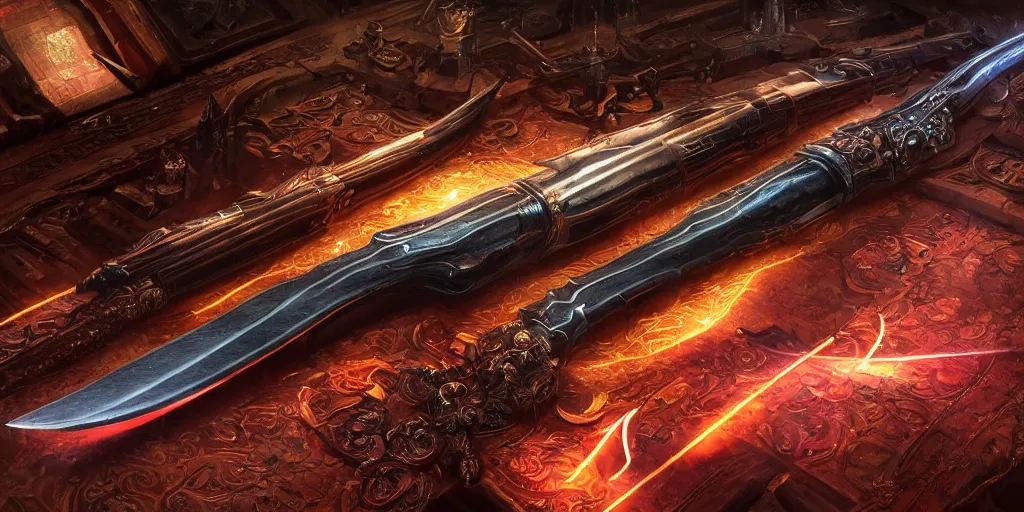 Image similar to legendary cybernetic full long sharp sword lying flat on a glowing table with a black and iridescent sword blade, digital award winning hd matte painting, intimate dark moody, intricate, ornate spikes, colorful gems on hilt, detailed realistic raytraced blade, future golden technological pommel, in the style of greg rutkowski and krenz cushart, deviantart