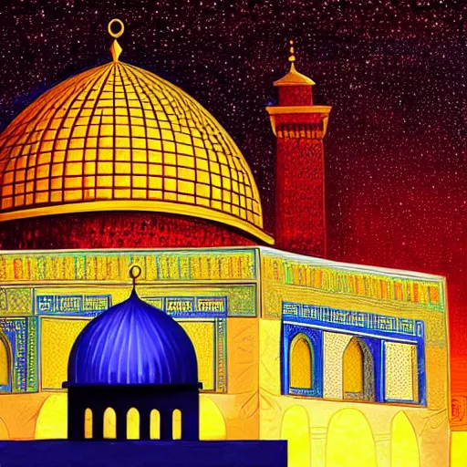 Image similar to a beautiful oil painting flyer design illustration of dome of the rock jerusalem and a silhouette of muslim is praying to god in front of it, intricate, elegant, glowing lights, highly detailed, digital painting, artstation, concept art, smooth, sharp focus, illustration, flat background