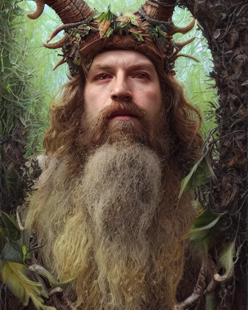 Image similar to forest druid with ram horns and leaves in his beard | highly detailed | very intricate | symmetrical | cinematic lighting | award - winning | closeup portrait | painted by donato giancola and mandy jurgens and brian froud | featured on artstation