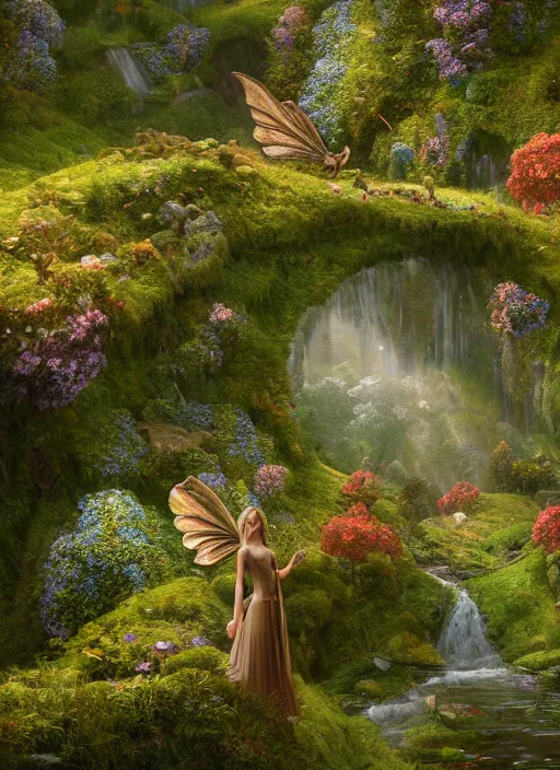 Image similar to an elegant winged fairy in the lord of the rings scenery landscape, looking out at a vast lush valley flowers and homes made of mushrooms, stream, sunrise, god's rays highly detailed, vivid color, cinematic lighting, perfect composition, 8 k, gustave dore, derek zabrocki, greg rutkowski, belsinski, octane render