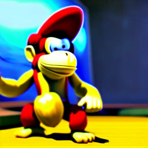 Image similar to Donkey Kong stepping on a banana. The banana is on the ground, Donkey Kong is above the banana. 3D render