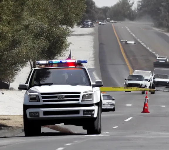 Image similar to donald trump driving white suv, high speed chase freeway, police cars, ap news photo