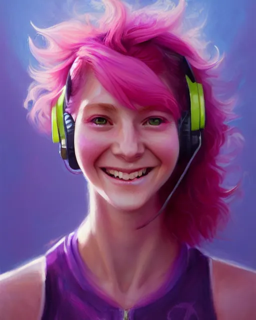 Prompt: cute female gamer smiling, perfect face, pink headphones, purple halter top, ginger hair, abs, cinematic, stunning, athletic, strong, agile, highly detailed, psychedelic, digital painting, artstation, smooth, hard focus, illustration, art by jessica rossier and and brian froud