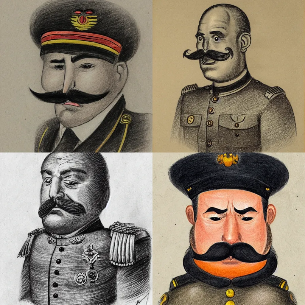 Prompt: a high-quality drawing of an angry army general with a thick mustache, pear-shaped head, orange skin, and aureola