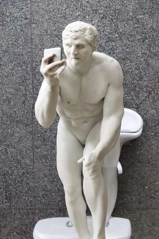 Image similar to marble sculpture of a man taking a selfie while on the toilet