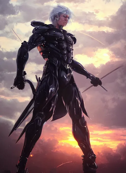 Image similar to a photorealistic hyperrealistic render of a raiden metal gear rising revengeance wielding a katana sword and wearing a asian conical hat, huge lightning from his hands, greg rutkowski, wlop, artgerm, dramatic moody sunset lighting, long shadows, volumetric, cinematic atmosphere, octane render, artstation, 8 k