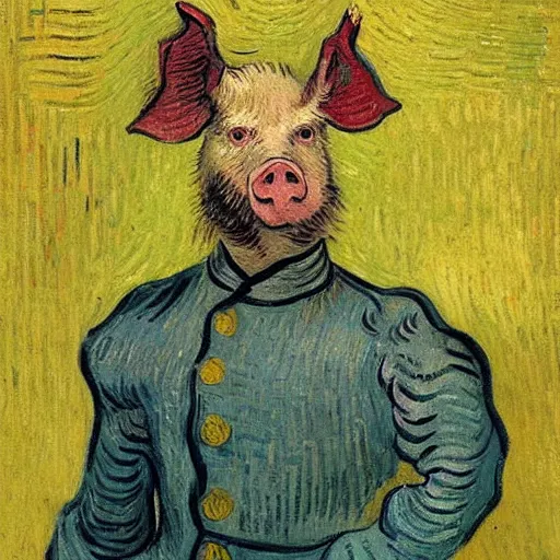 Image similar to a painting of a pig headed general wearing uniform, in the stlye of vincent van gogh,