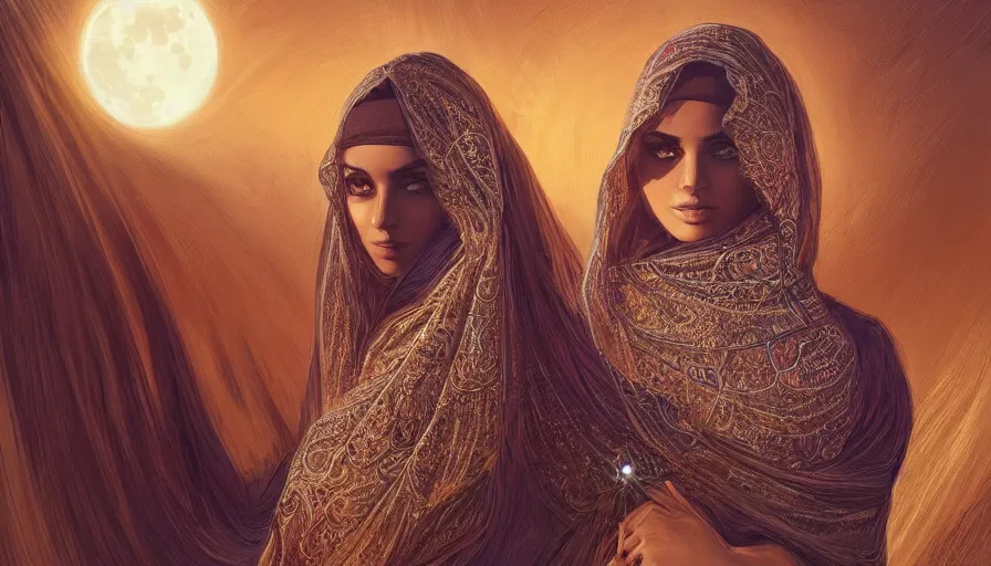 Image similar to Portrait of very very very very very very beautiful Arab woman wearing a Niqab, glowing magical eyes, energy trails, under giant full moon in the desert, intricate, elegant, highly detailed, digital painting, artstation, concept art, smooth, sharp focus, illustration, art by artgerm and greg rutkowski and alphonse mucha