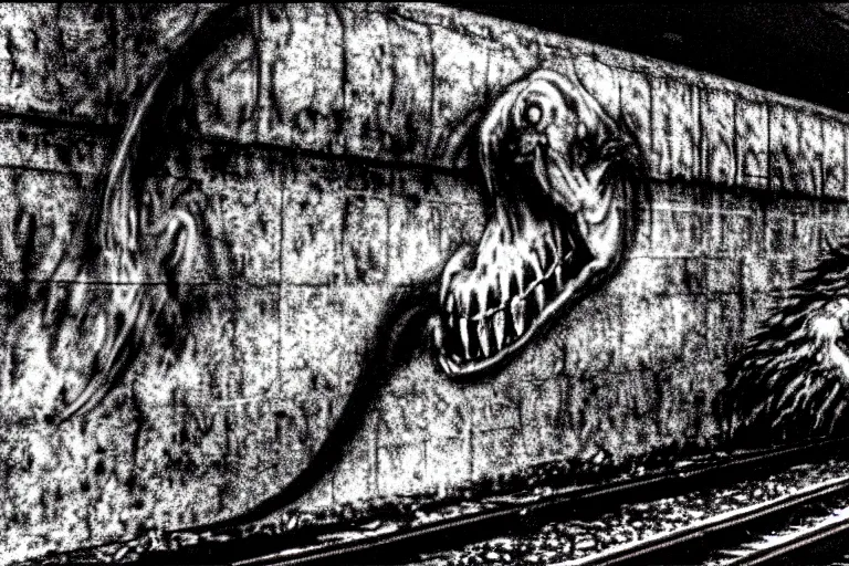 Prompt: very large giant mutant zombie irradiated ( angry rat ) staying on railways in tonnel of moscow subway. tonnel, railways, giant angry rat, furr, fangs, claws, very realistic. extreme long shot, 1 6 mm lens, herman nitsch and herman nitsch, giger.