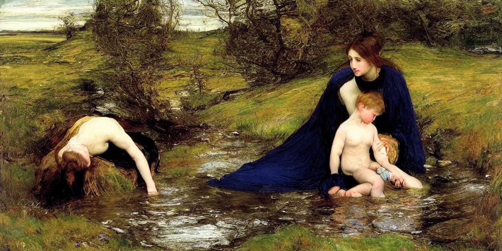 Prompt: a painting by john everett millais and frank bernard dicksee, mother washing her son clean in teeming waters, a mother laying his son upon the grass, so shall thou wash me. take a cloak and moisten me with thy stream. kiss me with thy cold kiss and send me to the fountains of sleep