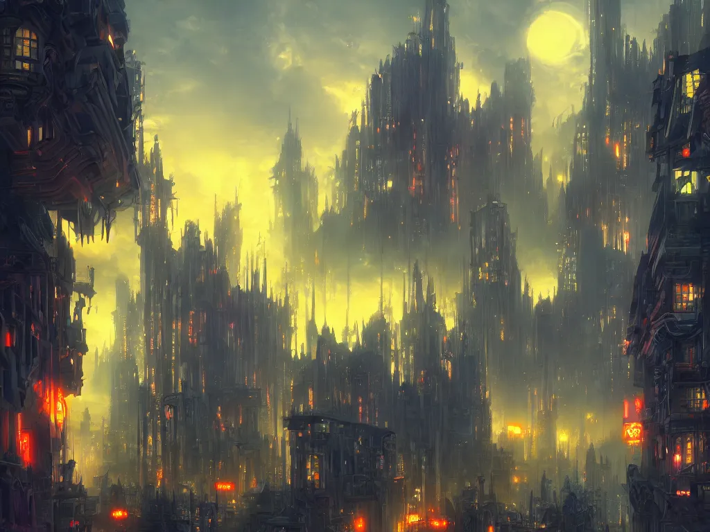 Prompt: an intimidating demon fantasy city with bright lights all in the city, painting, digital art by greg ruthowski and raphael lacoste and andreas rocha, trending on artstation, 8 k, wallpaper