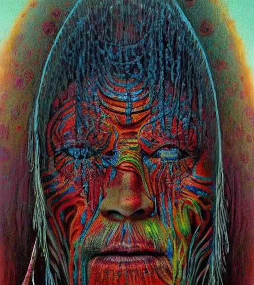 Image similar to Portrait painting in a style of Beksinski mixed with Alex Grey of an old shaman dressed in a colorful traditional clothes. Symmetry