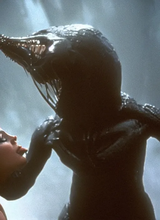 Image similar to cinematic film still of kim kardashian being held by the throat by a predator in Alien.