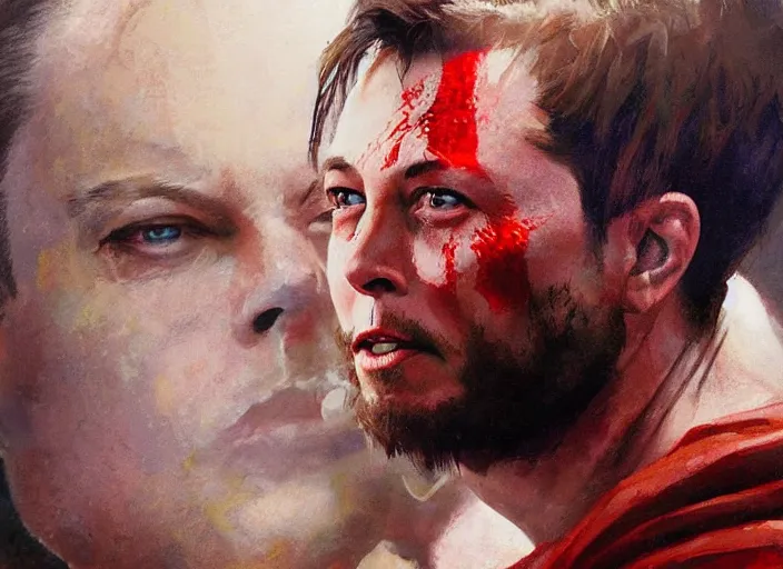 Prompt: a highly detailed beautiful portrait of elon musk as kratos, by gregory manchess, james gurney, james jean