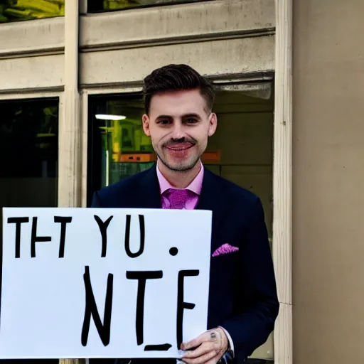 Image similar to a man wearing suite holding sign with text 'Thank you Stable Diffusion'