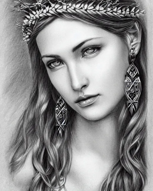 Image similar to pencil drawing of a beautiful greek goddess aphrodite wearing a laurel wreath and arrowhead earrings, beautiful confident eyes, beautiful flowing hair, hyper realistic face, in the style of artgerm, fantasy, amazing detail, epic, elegant, smooth, sharp focus, from the front, long shot