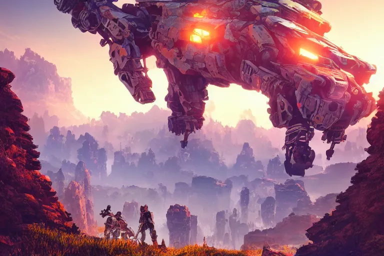 Image similar to rockbreaker machine mecanical creature robot of horizon forbidden west horizon zero dawn radiating a glowing aura global illumination ray tracing hdr fanart arstation by ian pesty and alena aenami artworks in 4 k