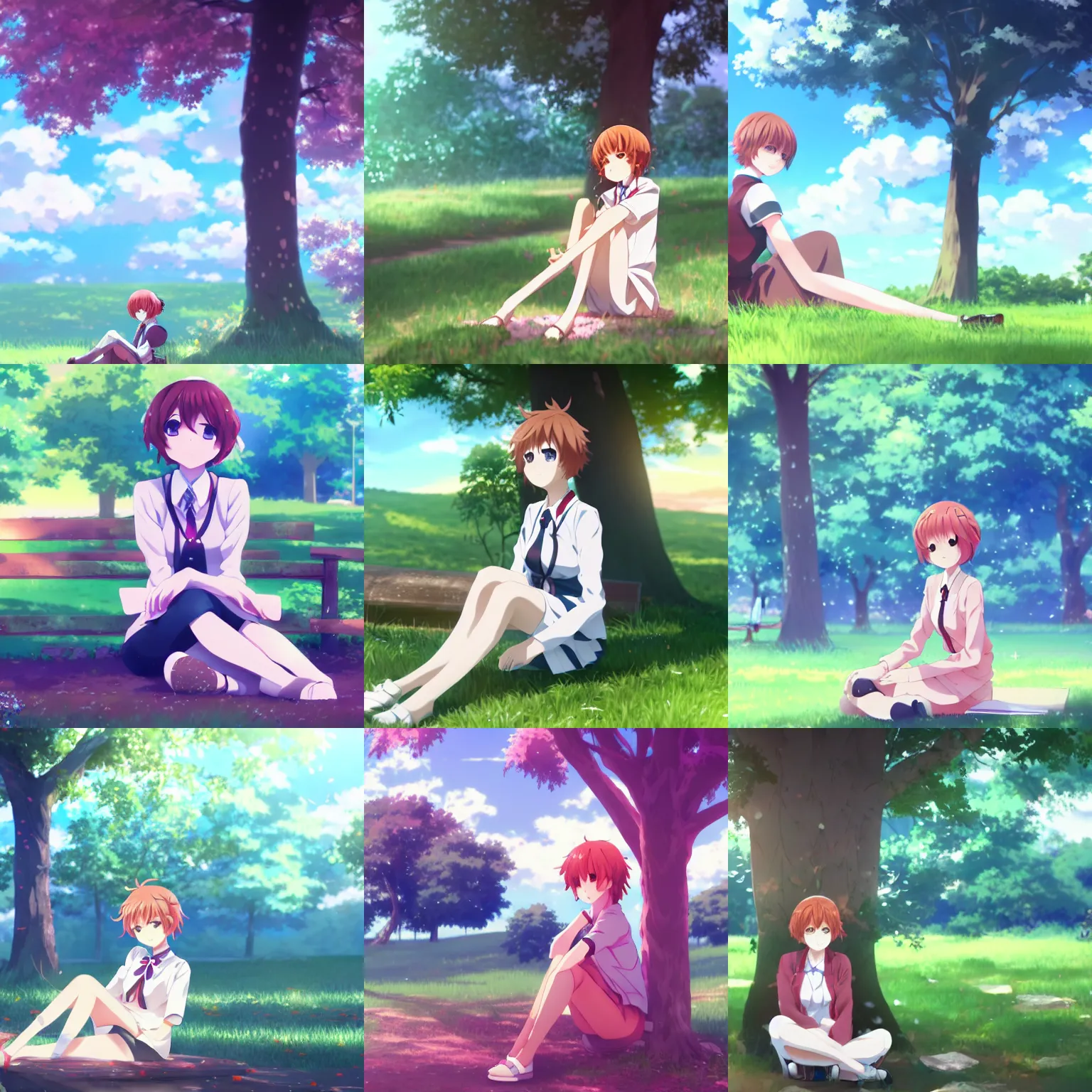 Prompt: Sayori from Doki Doki Literature Club sitting under a tree, anime key visual, digital art, anime screenshot, kyoto animation, makoto shinkai, trending on artstation