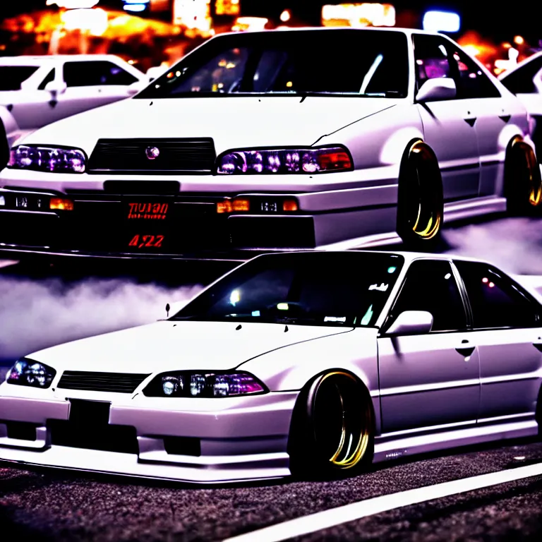 Image similar to a car JZX100 twin turbo drift at illegal car meet, Shibuya prefecture, city midnight mist lights, cinematic lighting, photorealistic, highly detailed wheels, high detail