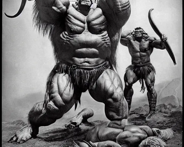 Image similar to hyper realistic group vintage photograph of a warrior orc tribe, tall, muscular, hulk like physique, sharp fangs and tusks, big arms, big hands, big feet, armored, tribal paint, highly detailed